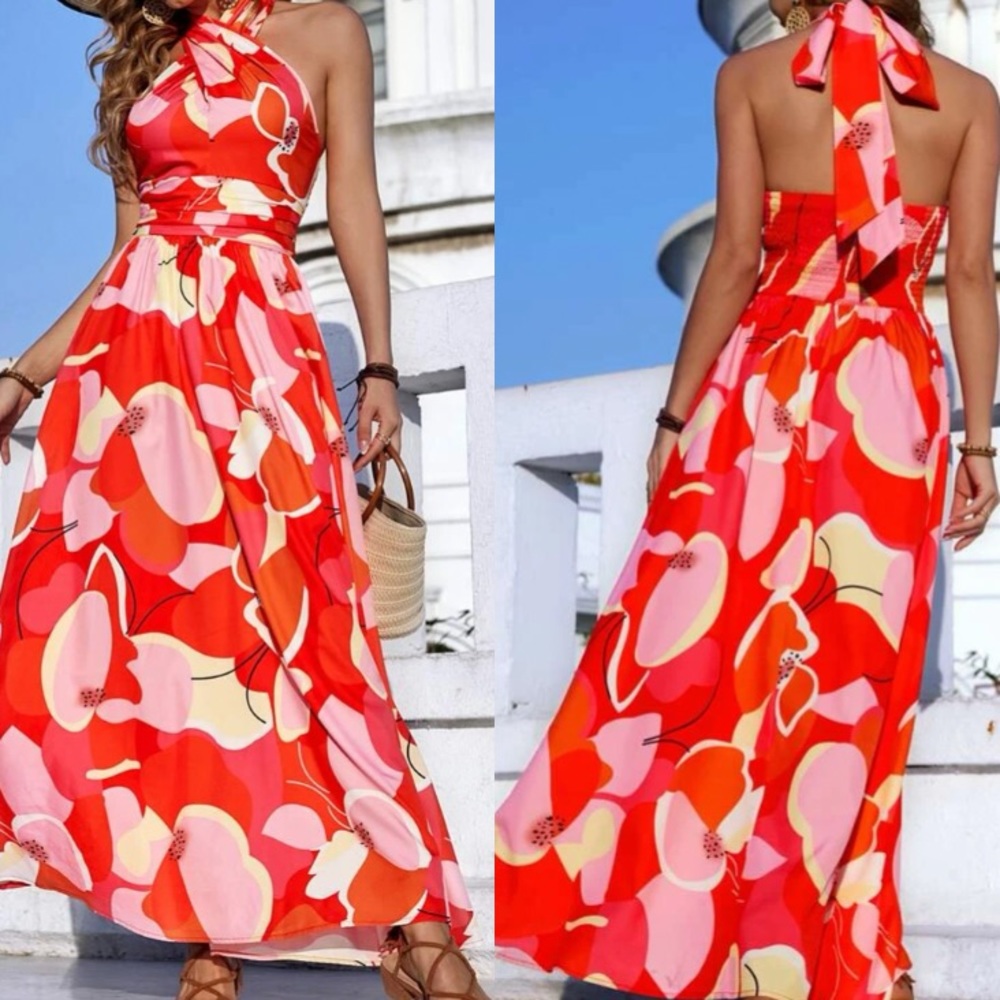 Boho red floral print tie back halter maxi dress